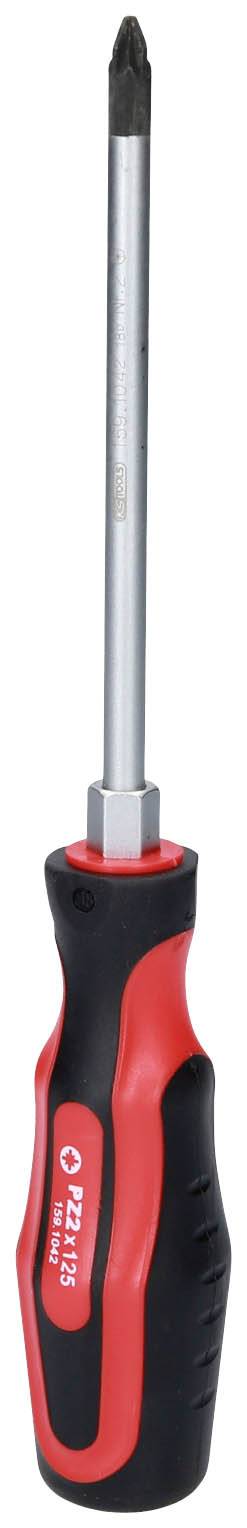 Wkrętak krzyżakowy z czerwoną i czarną rękojeścią; odpowiedni do stosowania z wkrętami krzyżakowymi.