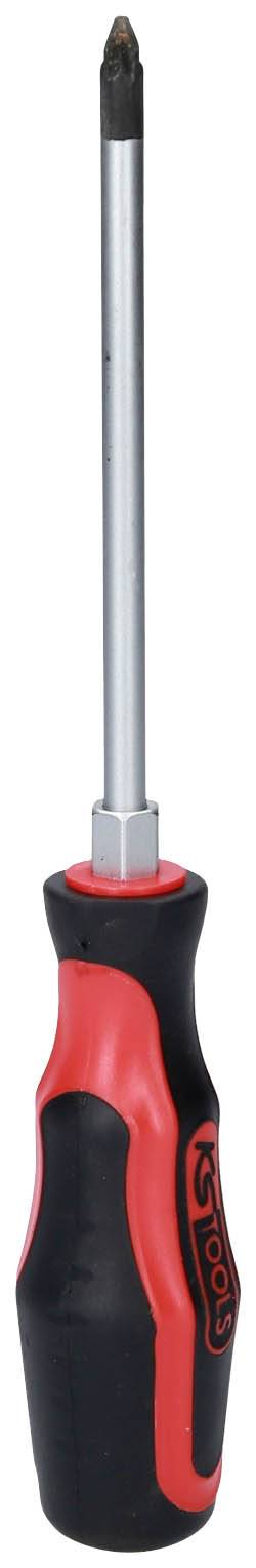 Wkrętak krzyżowy z czerwoną i czarną rękojeścią, przeznaczony do wkręcania lub wykręcania śrub z gniazdem krzyżowym.