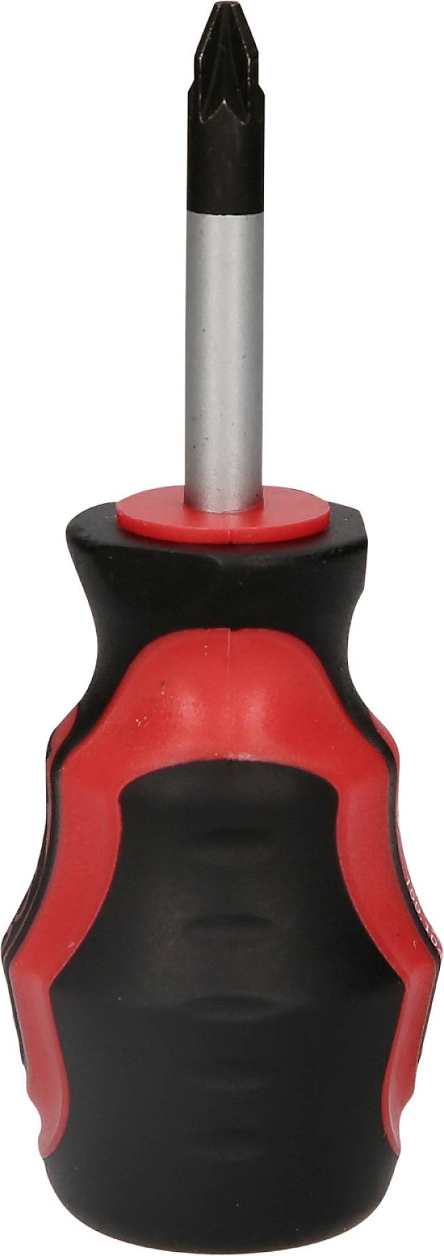 Wkrętak krzyżowy z czerwonym i czarnym uchwytem, stojący pionowo.