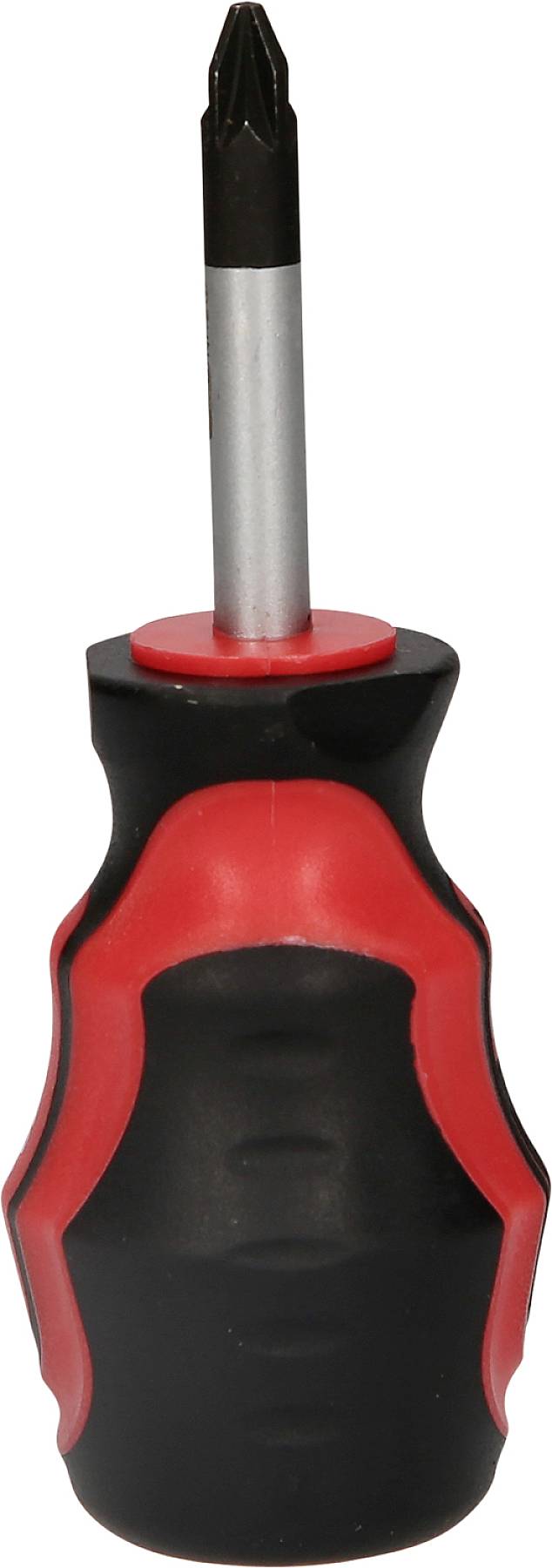 Czerwony i czarny wkrętak krzyżakowy z ergonomiczną rękojeścią, ustawiony czubkiem do góry.