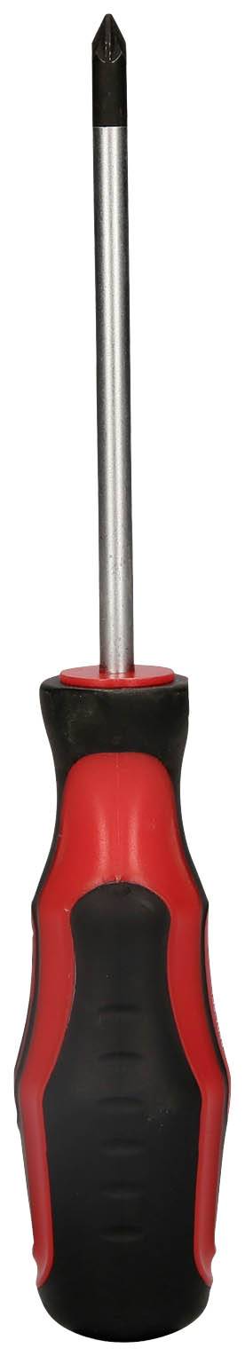 Wkrętak z czarno-czerwonym uchwytem i końcówką krzyżakową.