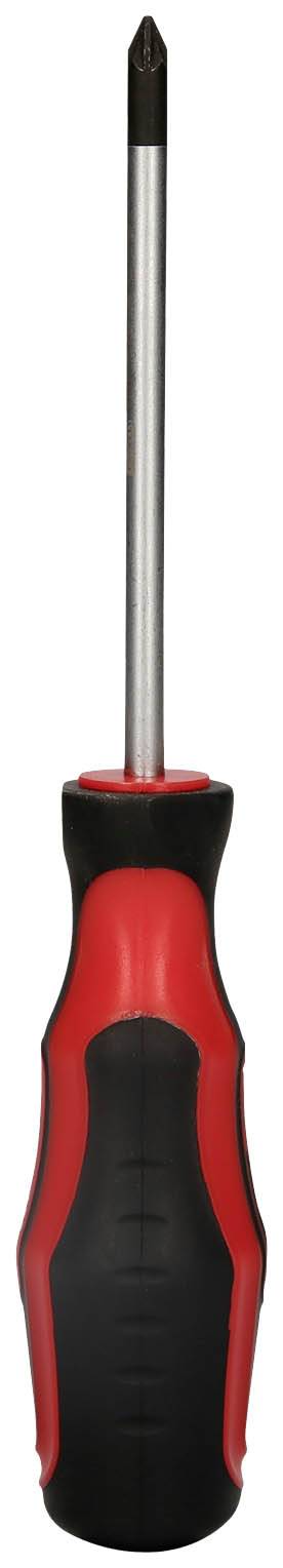 Wkrętak z czerwoną i czarną rękojeścią oraz łbem krzyżowym.