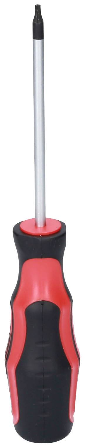 Śrubokręt z czerwoną i czarną rękojeścią, odpowiedni do prac rzemieślniczych.