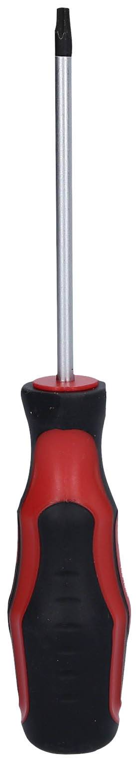 Wkrętak z czerwonym i czarnym uchwytem, ostrze krzyżowe, stojący pionowo.