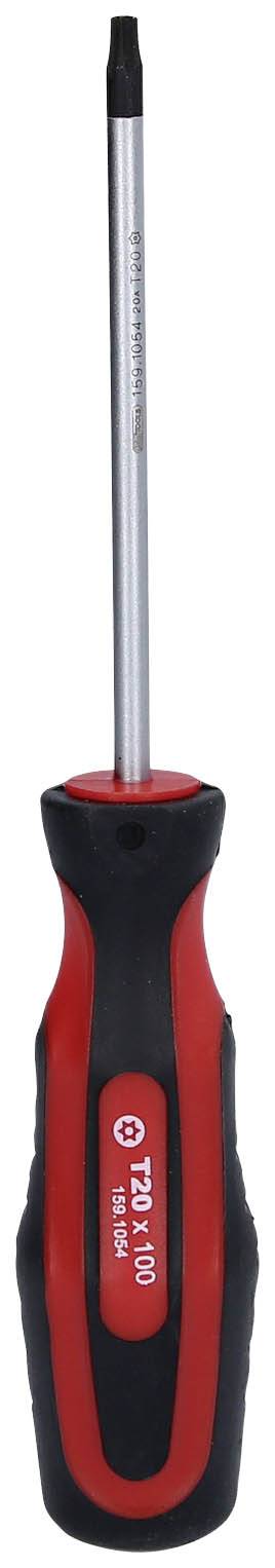 Wkrętak z czerwonym i czarnym uchwytem, metalowym trzpieniem i czubkiem krzyżowym, odpowiedni do wkrętów krzyżowych.