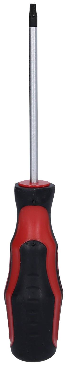 Śrubokręt z uchwytem w kolorze czerwonym i czarnym, odpowiedni do wkrętów krzyżowych.