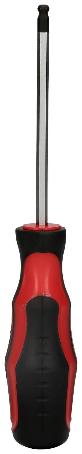 Czerwony i czarny śrubokręt z ergonomicznym uchwytem skierowany jest w górę.