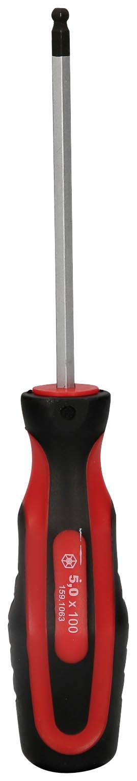 Czarno-czerwony śrubokręt z sześciokątnym uchwytem i magnetycznym czubkiem. Odpowiedni do codziennych napraw.