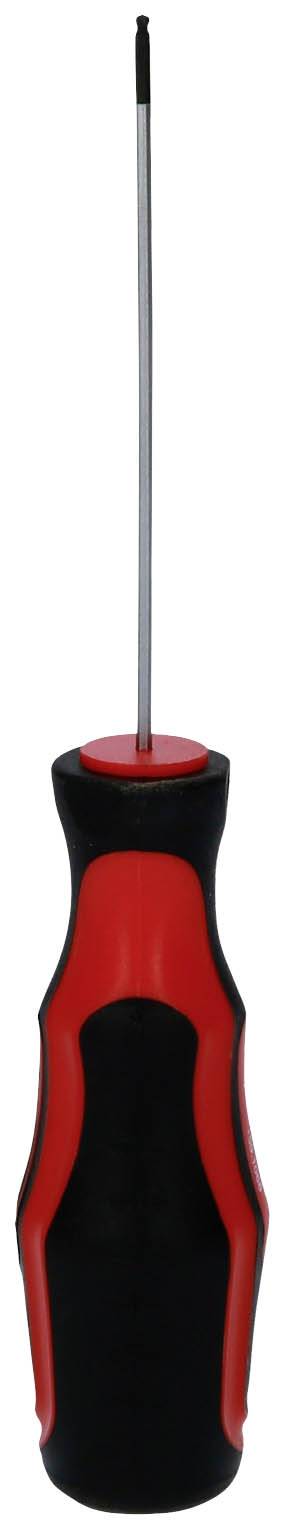Wkrętak z czarnym uchwytem i czerwonymi akcentami, przedstawiony w pozycji pionowej z widocznym metalowym ostrzem.