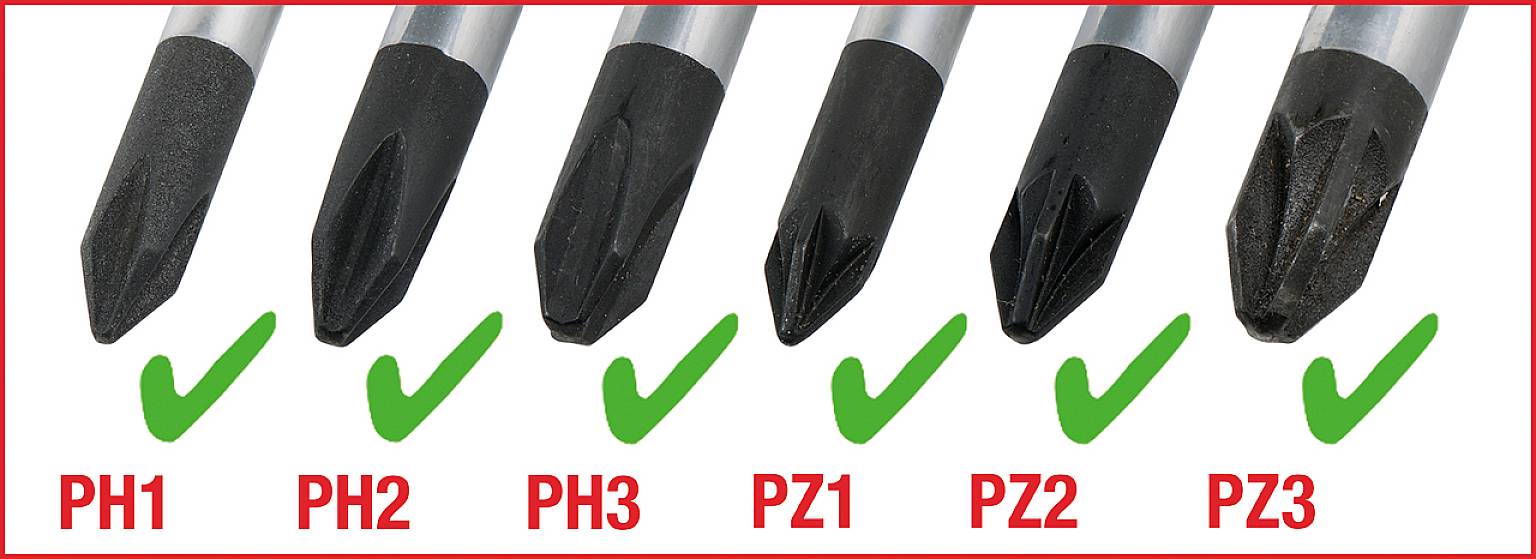 Różne czarne końcówki wkrętakowe od PH1 do PZ3. PH1, PH2, PH3, PZ2 są oznaczone zielonymi znacznikami.