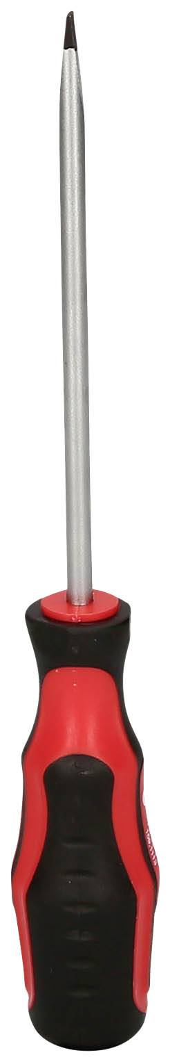 Wkrętak krzyżowy z czerwonym i czarnym uchwytem, trzymany pionowo.