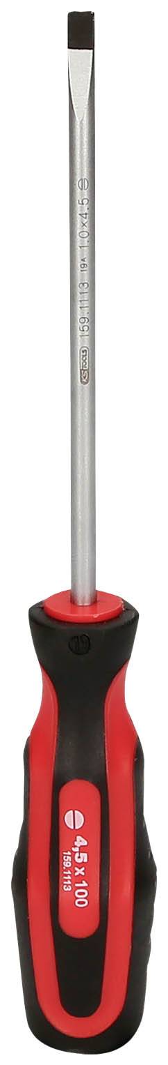 Śrubokręt z czarną rękojeścią i czerwonymi akcentami, metalowy czubek do wkrętów płaskich.