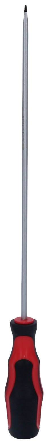 Długi, smukły śrubokręt z czerwoną i czarną rękojeścią oraz wąską końcówką. Idealny do śrub precyzyjnych.