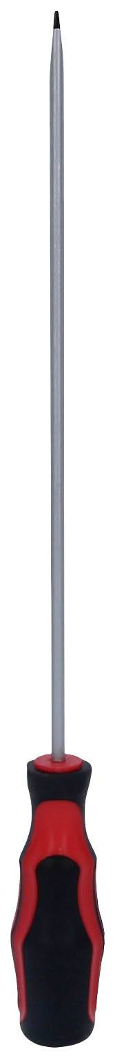 Wkrętak z długim trzpieniem i uchwytem w kolorach czerwonym i czarnym, odpowiedni do precyzyjnych prac w rzemiośle i majsterkowaniu.