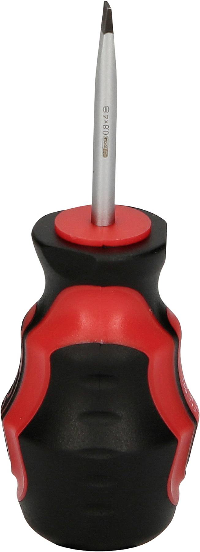 Wkrętak z czarnym uchwytem i czerwonymi akcentami, odpowiedni do wkręcania śrub z rowkiem prostym.