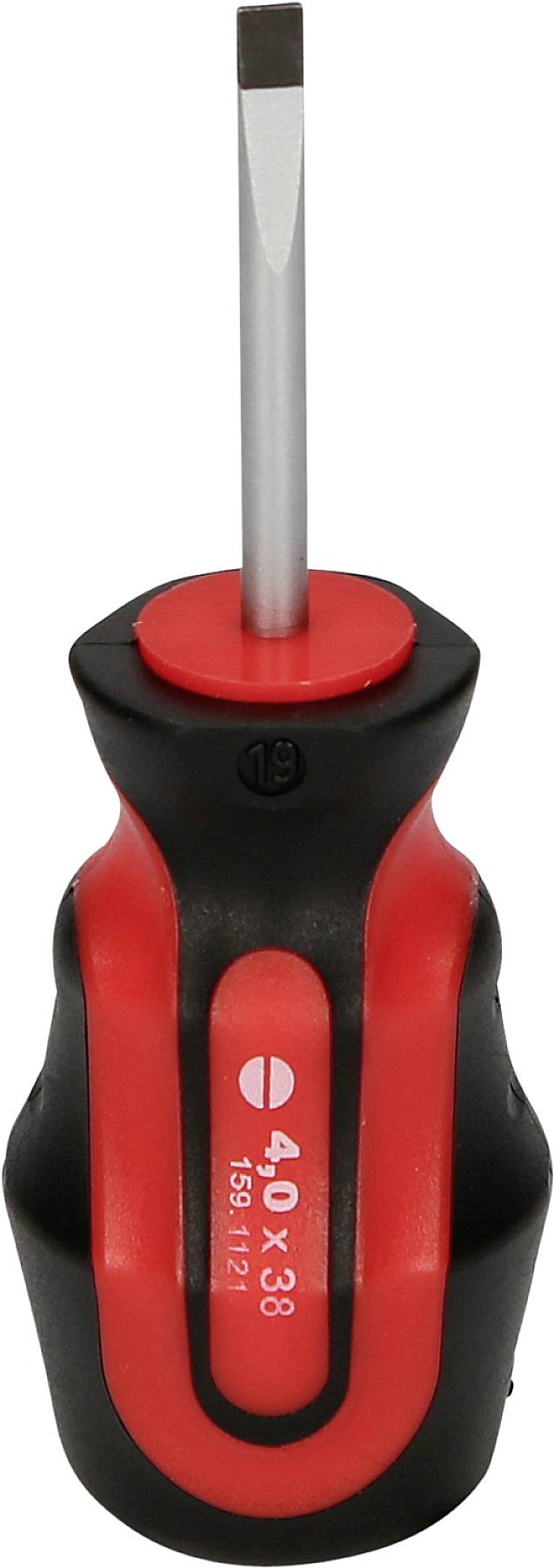 Czerwono-czarny wkrętak z wąskim ostrzem. Rękojeść ma ergonomiczny kształt zapewniający lepszy chwyt.