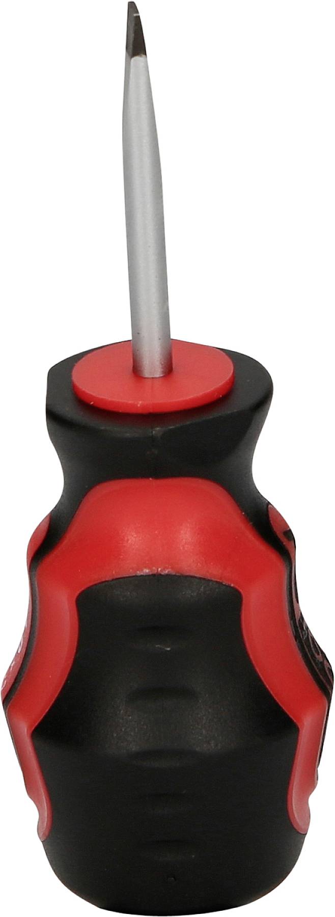 Czarny i czerwony śrubokręt z płaską metalową główką, ustawiony pionowo, skierowany czubkiem do góry.