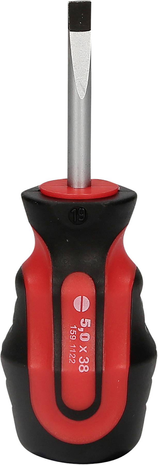 Wkrętak krzyżowy z czarną i czerwoną ergonomiczną rękojeścią, stojący pionowo, rozmiar 5,0 x 38 mm.