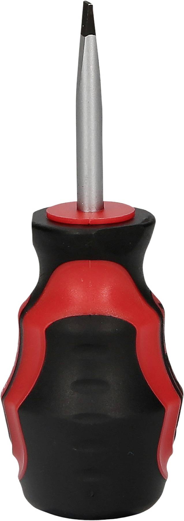 Śrubokręt płaski w kolorach czarnym i czerwonym, stojący pionowo.