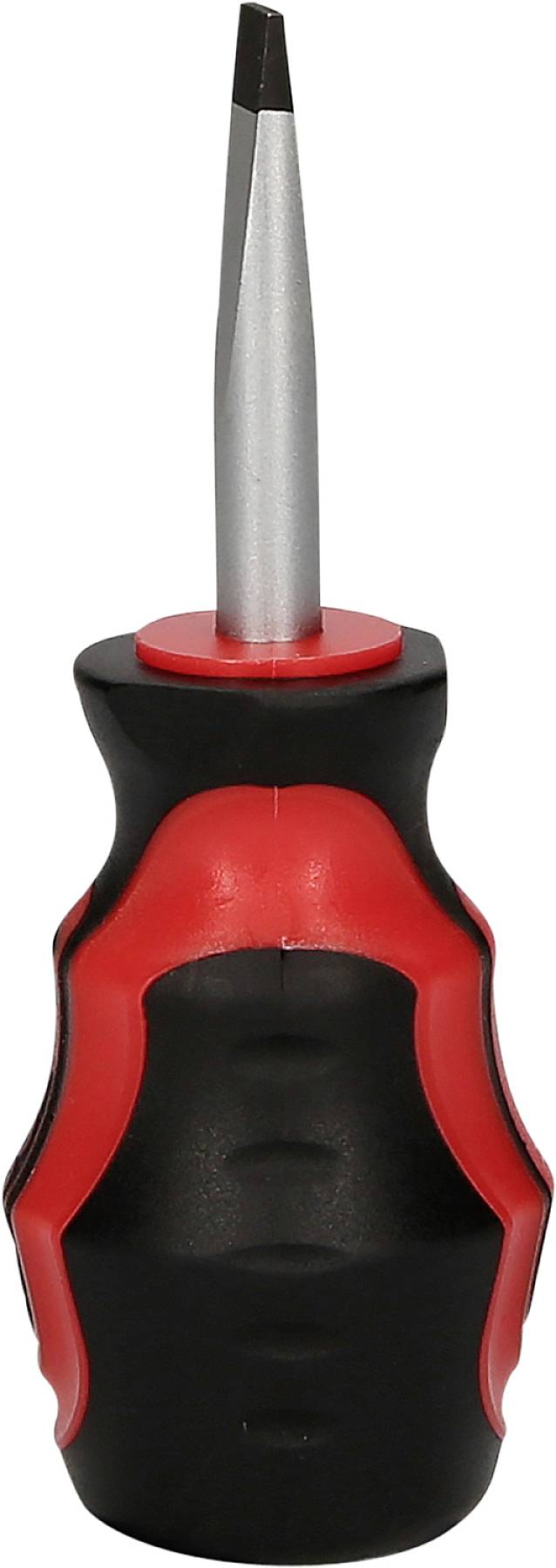 Wkrętak płaski w kolorach czarnym i czerwonym. Uchwyт jest ergonomicznie wyprofilowany dla lepszego trzymania.