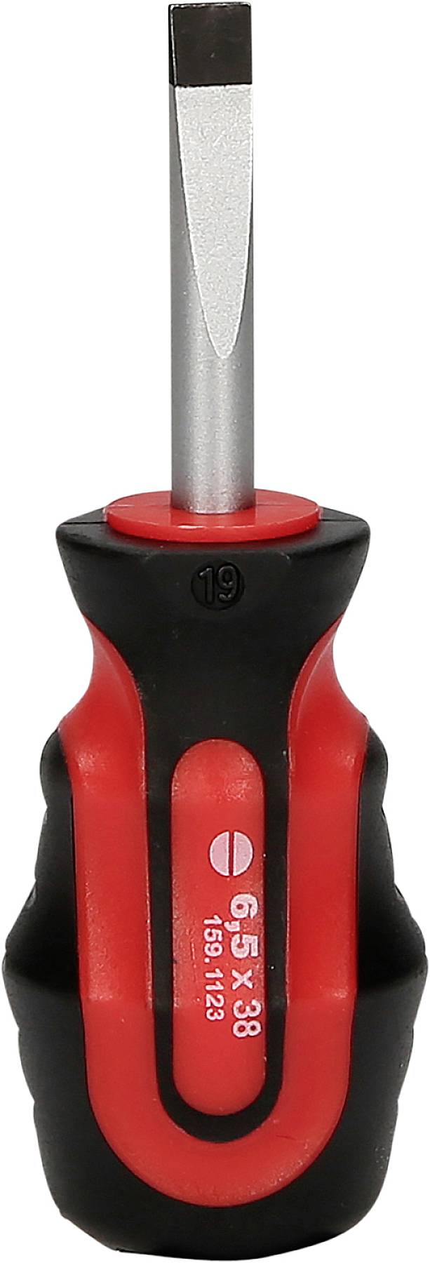 Mały wkrętak krzyżowy z czerwoną i czarną rękojeścią. Odpowiedni do precyzyjnych prac i oszczędzający miejsce.