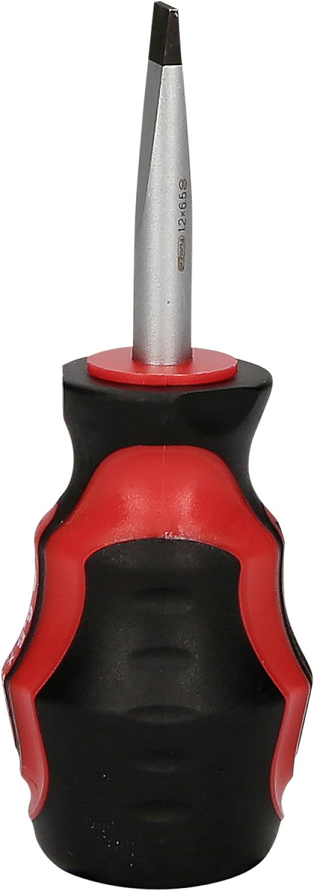 Śrubokręt z uchwytem czarno-czerwonym i płaskim łbem śruby.