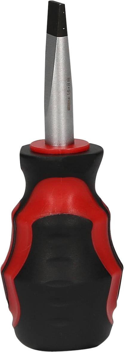 Wkrętak z czerwoną i czarną rączką, z płaskim ostrzem.