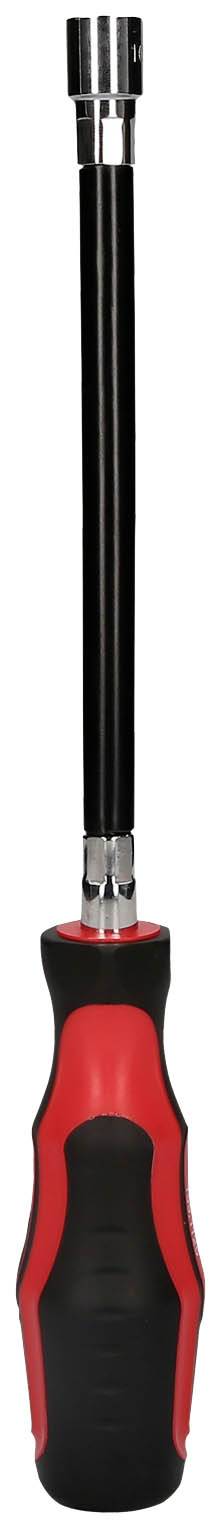 Śrubokręt z czerwoną i czarną rękojeścią oraz długim metalowym trzpieniem, odpowiedni do prostych lub zaawansowanych prac śrubowych.