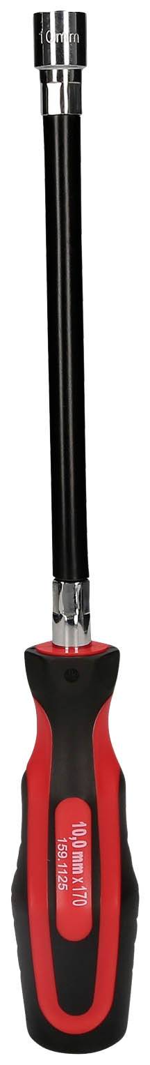 Wkrętak z czerwoną i czarną rękojeścią, przydatny do prac mechanicznych lub domowych.