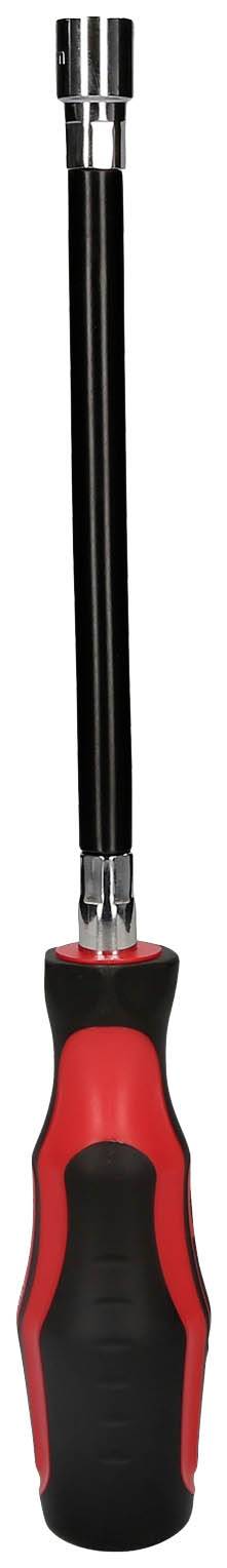 Wkrętak z czerwonym i czarnym uchwytem oraz długim, elastycznym trzpieniem, odpowiedni do trudno dostępnych miejsc.