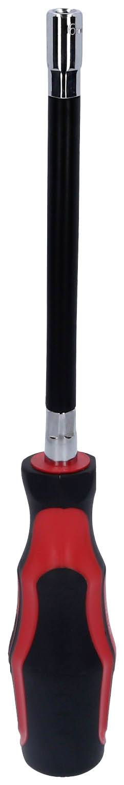 Wkrętak z czarnym uchwytem i czerwonymi akcentami, giętkim trzpieniem i metalowym czubkiem, odpowiedni do trudno dostępnych miejsc.