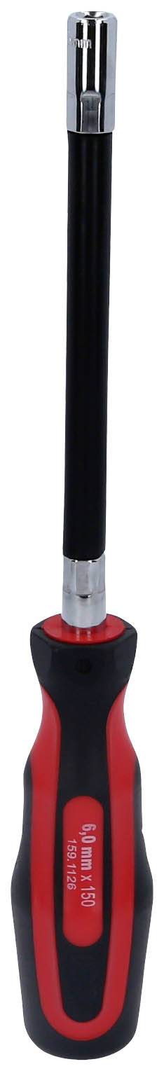 Wkrętak z długim, elastycznym trzpieniem i czarno-czerwonym uchwytem.