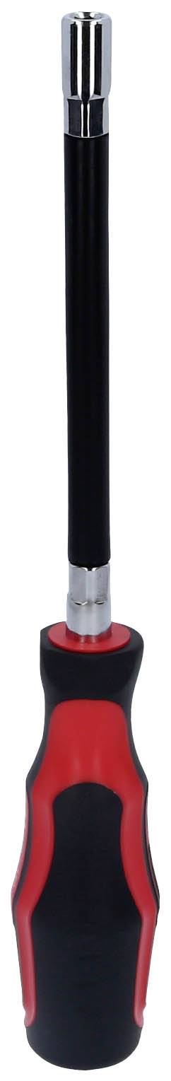 Wkrętak z czarnym uchwytem i czerwonymi akcentami, o długim trzonie, odpowiedni do różnych prac rzemieślniczych.