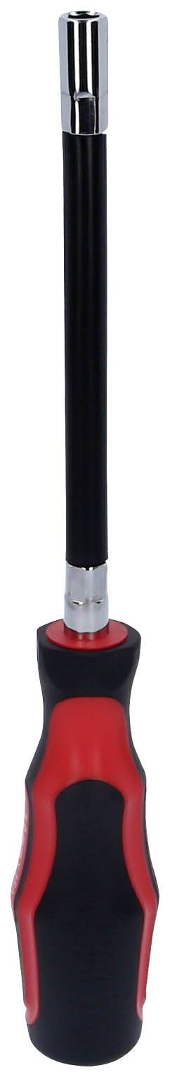 Wkrętak z czerwoną i czarną rękojeścią, o długim, elastycznym trzpieniu; przydatny do trudno dostępnych miejsc.