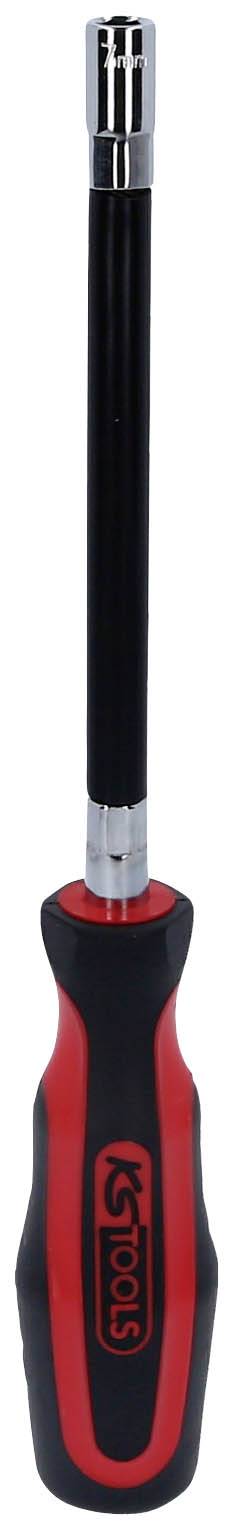 Wkrętak z czerwonym i czarnym uchwytem oraz długim, srebrnym trzpieniem