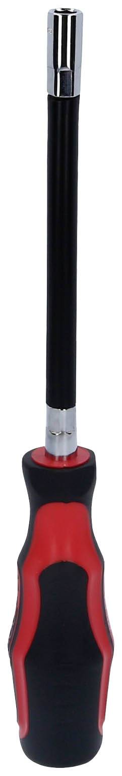 Wkrętak z długim trzpieniem, czarnym uchwytem i czerwonymi akcentami, odpowiedni do miejsc trudno dostępnych.