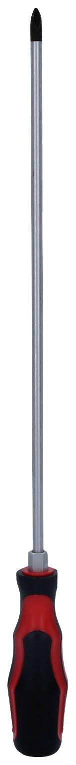 Długi wkrętak z uchwytem w kolorze czerwonym i czarnym, przeznaczony do wkrętów krzyżowych.