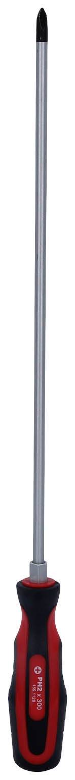Długi śrubokręt z czarnym grotem i czerwonym, ergonomicznym uchwytem. Odpowiedni do prac w głębokich lub trudno dostępnych miejscach.