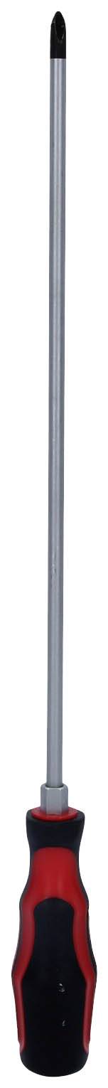 Długi śrubokręt z czarnym grotem i czerwonym uchwytem, odpowiedni do trudno dostępnych miejsc.