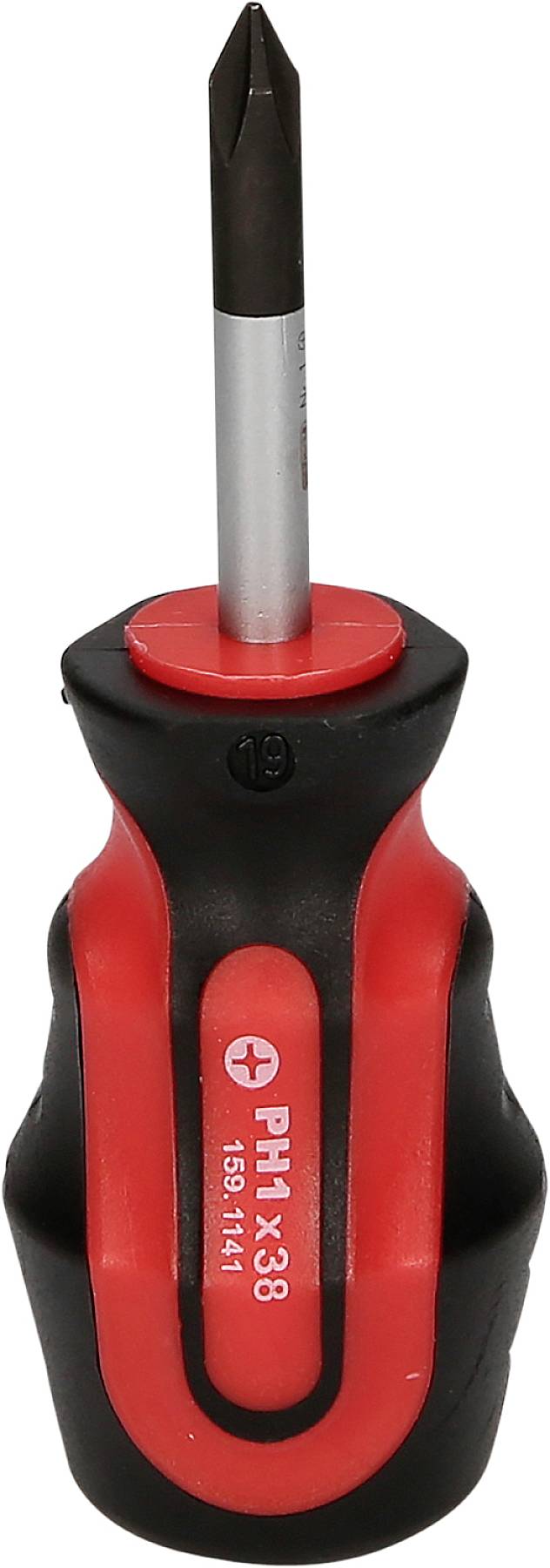 Wkrętak krzyżowy z czerwoną i czarną rękojeścią, odpowiedni do precyzyjnych prac w mechanice precyzyjnej lub elektronice.