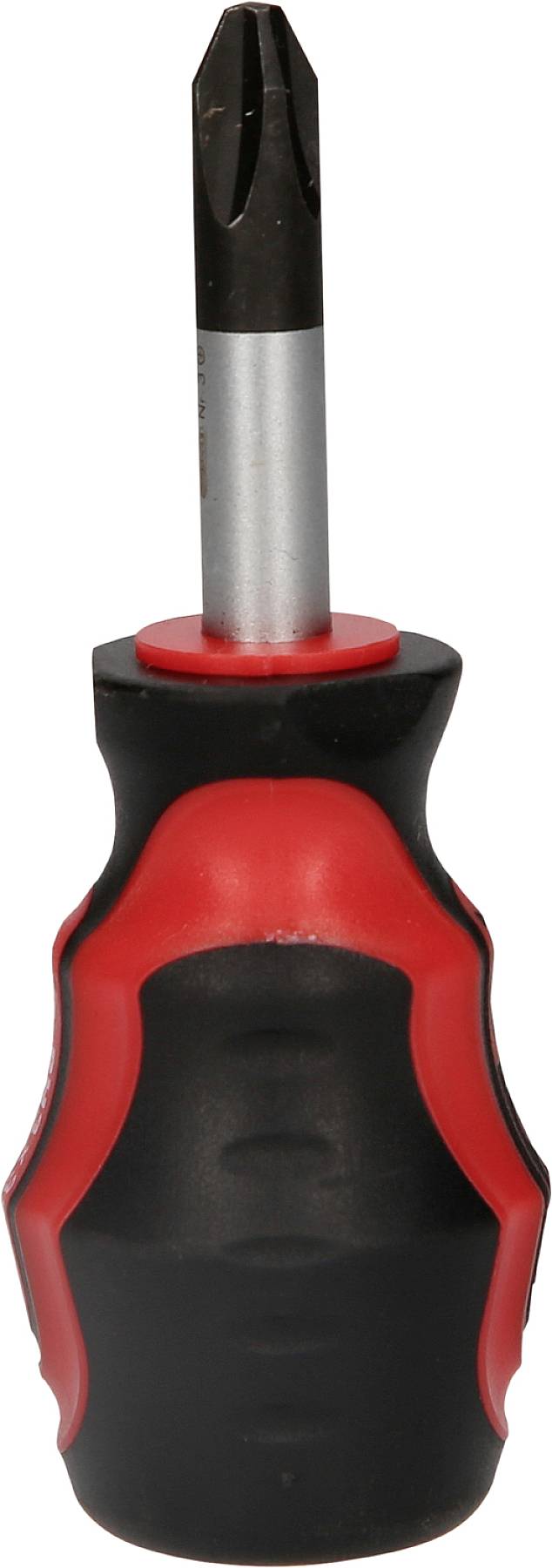 Wkrętak z czarnym uchwytem i czerwonymi akcentami, odpowiedni do wkrętów krzyżowych.