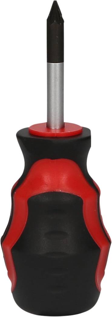 Wkrętak krzyżowy z czarnym uchwytem i czerwonymi akcentami, przedstawiony z przodu.