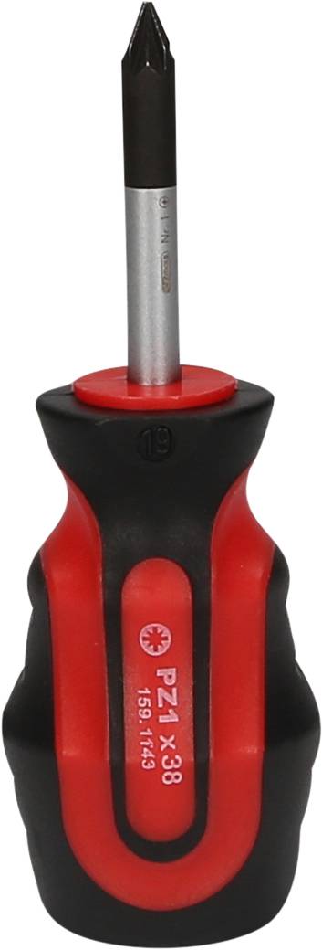 Wkrętak z czerwoną i czarną rękojeścią, krzyżowy (PZ1), odpowiedni do precyzyjnych prac.