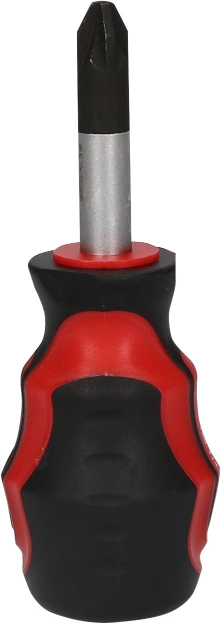 Czarno-czerwony wkrętak krzyżowy z ergonomiczną rękojeścią, stojący pionowo.