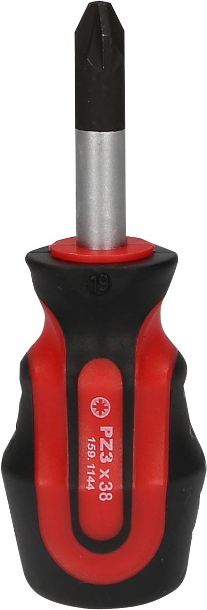 Wkrętak z czerwoną i czarną rękojeścią, krótki trzon i krzyżowy łeb. Odpowiedni do prac w ciasnych przestrzeniach.