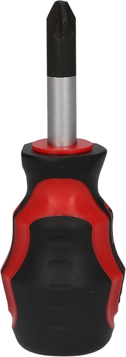 Wkrętak z czarnym uchwytem i czerwonym wzorem, z końcówką krzyżakową, na białym tle.