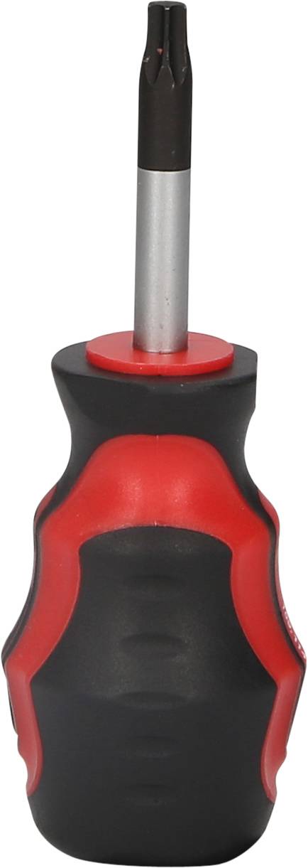 Czarny i czerwony śrubokręt z ergonomicznym uchwytem i końcówką Torx, na białym tle.