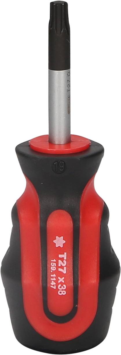 Czerwony wkrętak z czarną rękojeścią, rozmiar końcówki Torx T27, długość 38 mm, odpowiedni do prac zarówno dla majsterkowiczów, jak i profesjonalistów.
