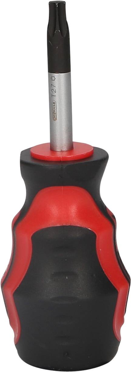 Wkrętak z ergonomicznym uchwytem w kolorach czerwonym i czarnym oraz wymienną końcówką, przeznaczony do wkrętów Torx.