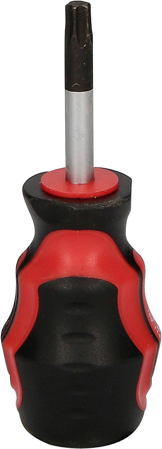 Wkrętak z czerwoną i czarną rękojeścią, przeznaczony do wkrętów Torx. Rękojeść jest ergonomicznie wyprofilowana.
